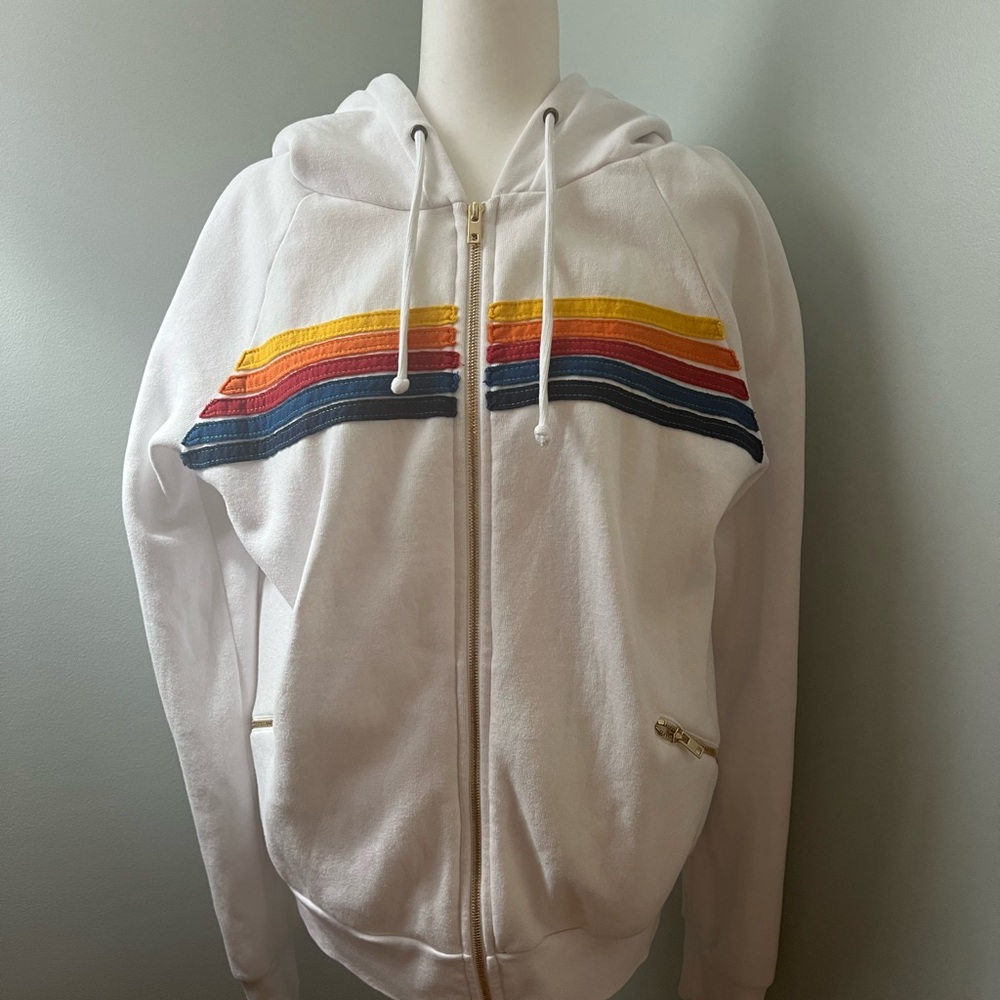 Aviator Nation White Hoodie with Colorful Stripes
